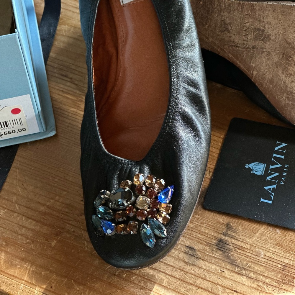 Lanvin Black Ballerina Flats with Jewel Crystals Embellishments